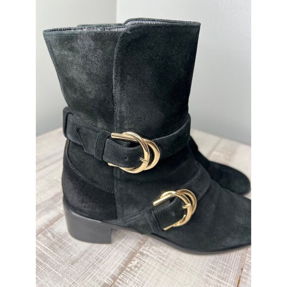 Stuart Weitzman Britain Black Suede Ankle Boots With Gold Buckles & Zipper 6 - Picture 12 of 13